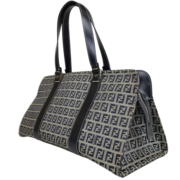 Fendi VINTAGE Boston Bag Zucchino Pattern Gray and Navy Blue Authentic - Picture 16 of 17